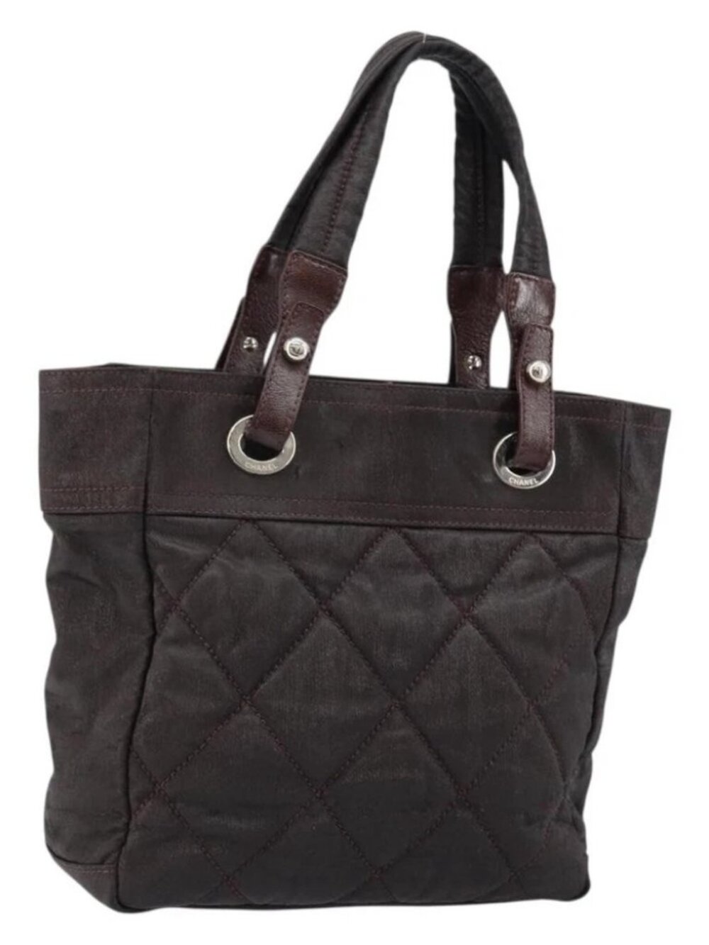 CHANEL Paris Biarritz Tote Bag Coated Canvas Dark Brown Silver CC Auth bs29897